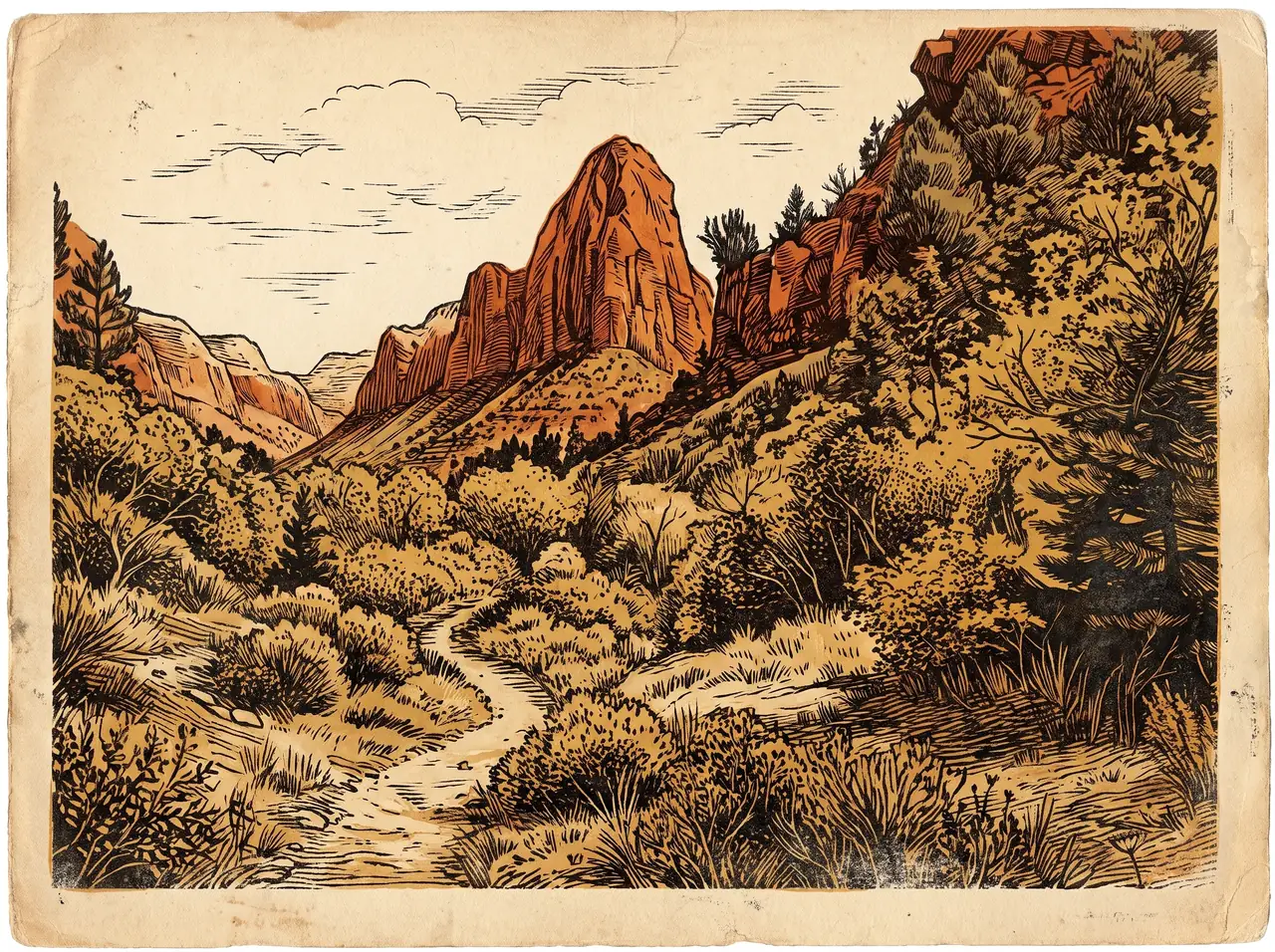 Hand-engraved woodcut print of Zion's red rock peak rising over the high desert valley, a trail winding through the brush toward it.